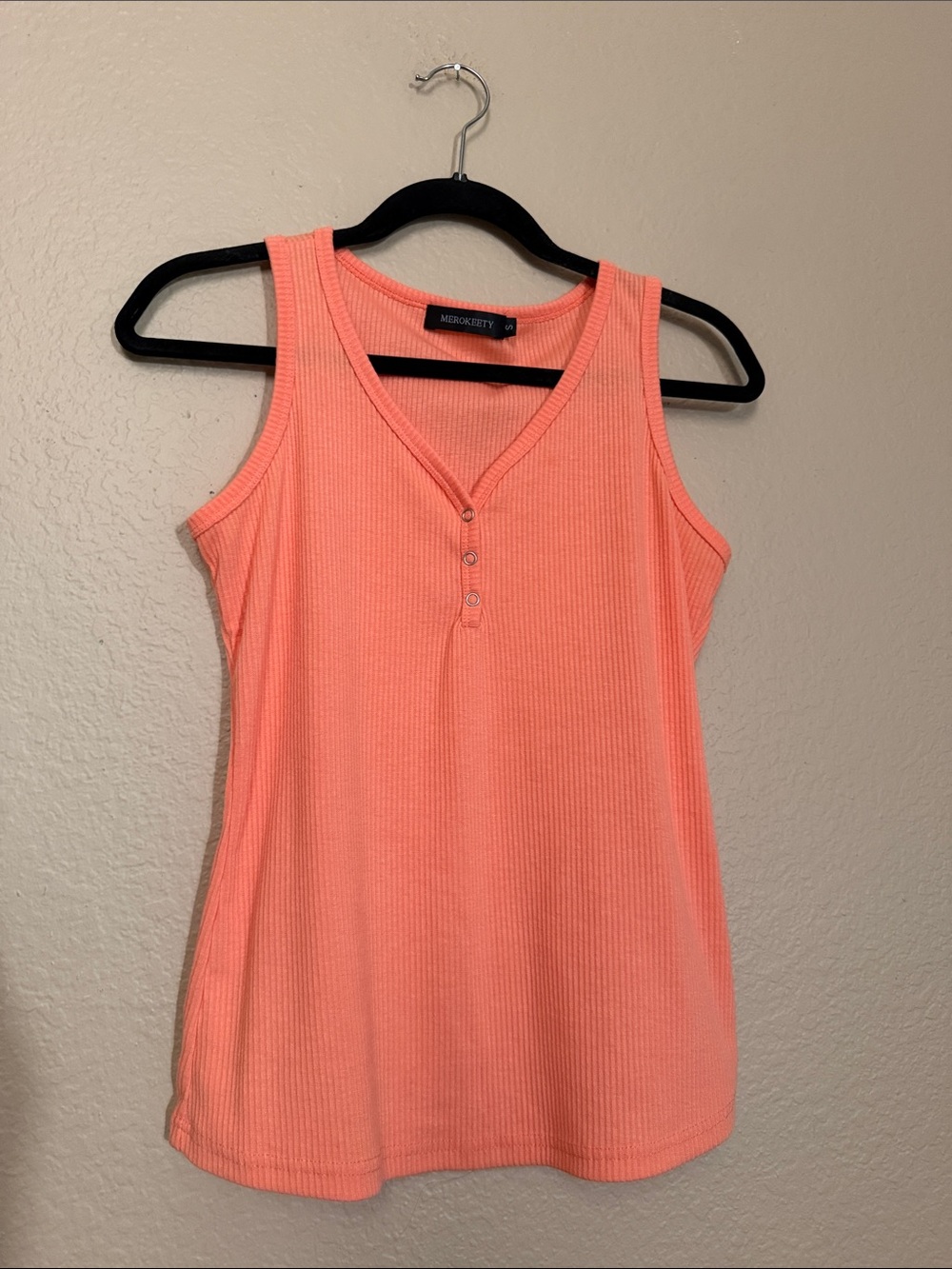 Coral Ribbed V-Neck Tank with Button Placket- Small